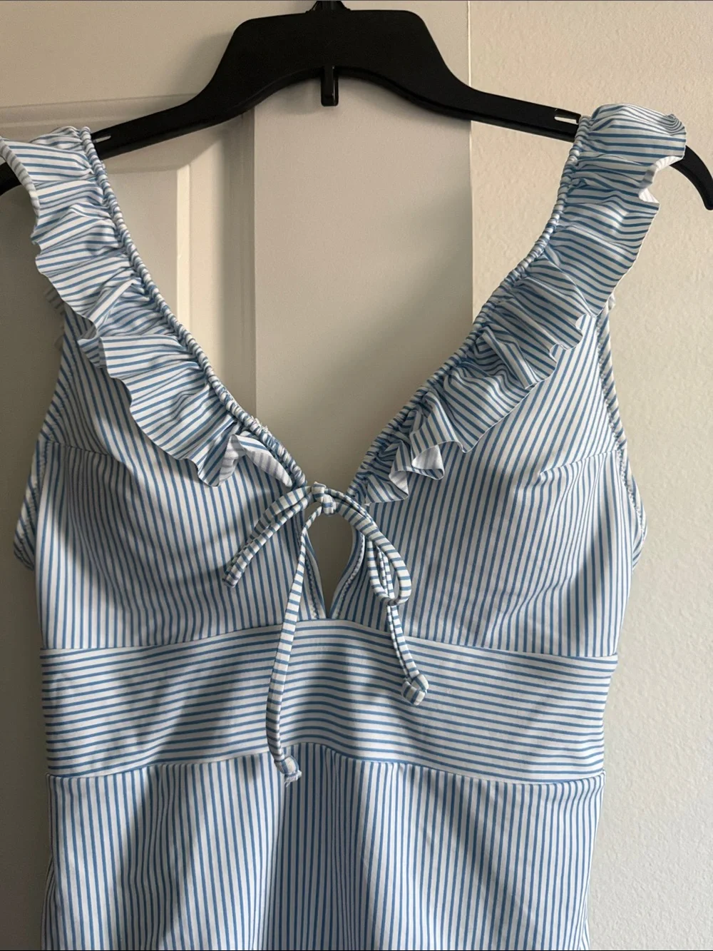 Ruffled V-Neck Blue Stripe One-Piece Swimsuit for Women